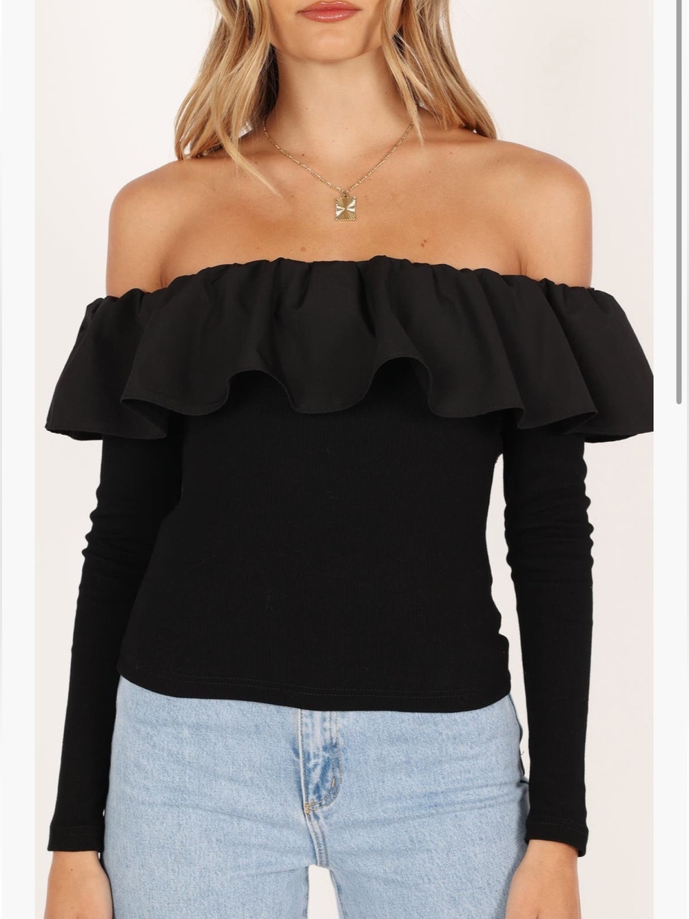 Petal & Pup Black Off-Shoulder Ruffle Long Sleeve Top